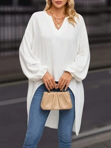 Notched Neckline Lantern Sleeve High Low Hem Blouse - White - View 3
