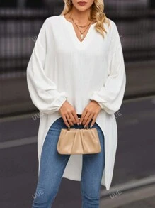 Blouse Encolure crantée Manches Bouffantes Asymétrique
