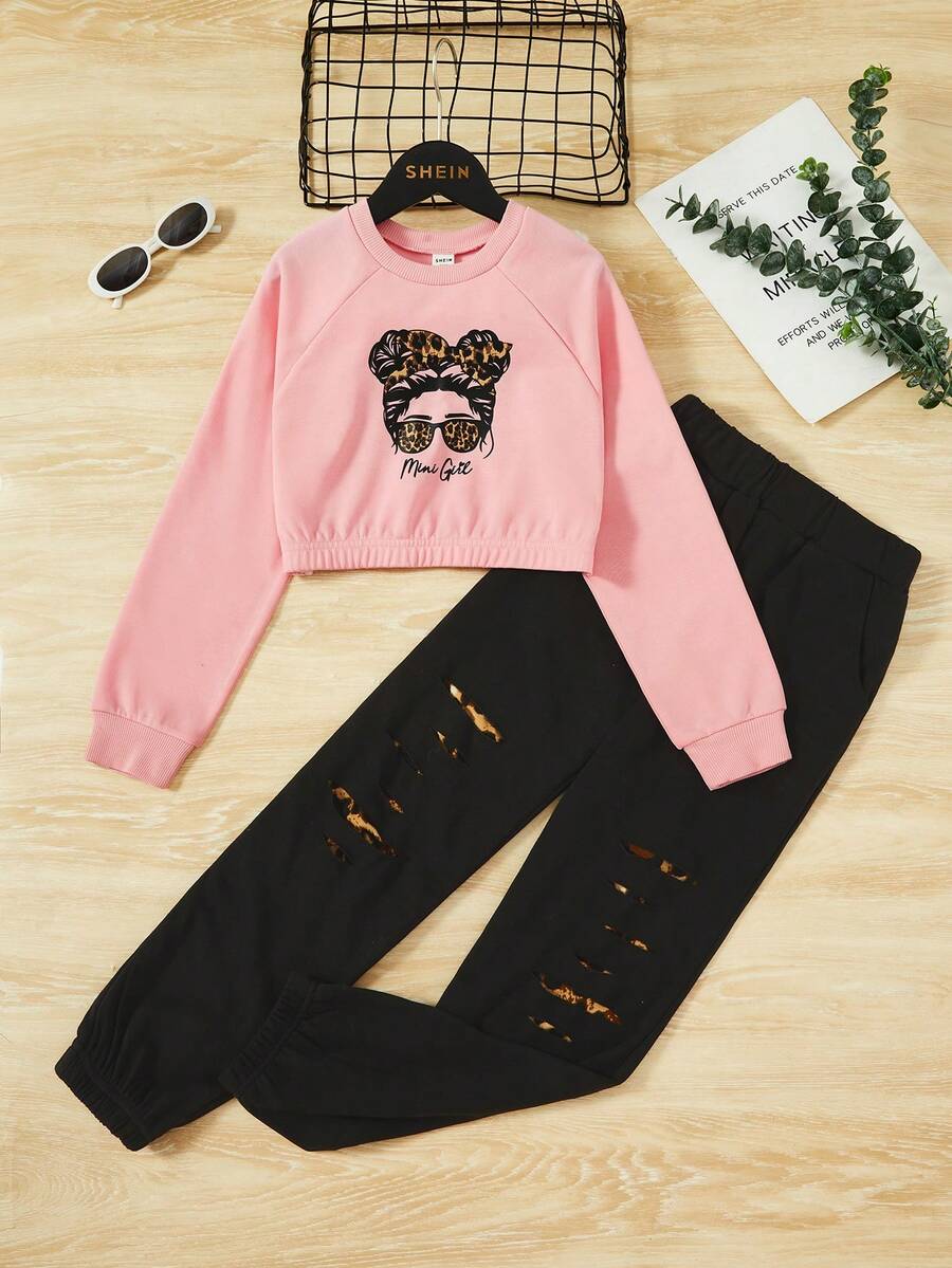 SHEIN Cô gái Tween Đồ họa Hình Tay Raglan Áo len crop & Quần nỉ - Màu Hồng baby - Xem 1