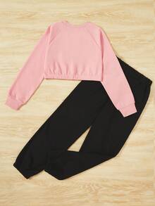 SHEIN Cô gái Tween Đồ họa Hình Tay Raglan Áo len crop & Quần nỉ - Màu Hồng baby - Xem 2