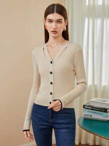 BizChic Cut Out Button Front Ribbed Knit Cardigan