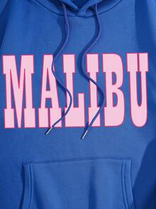 SHEIN LUNE Đồ họa Chữ cái Túi kangaroo Dây rút Lót nhiệt Hoodie - Màu xanh lam - Xem 3