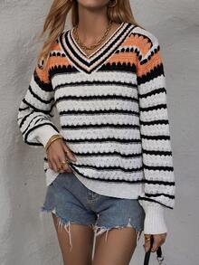 SHEIN LUNE 條紋圖案落肩袖套頭毛衣 - 彩色 - 查看 3