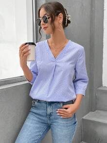 SHEIN LUNE Striped Print Button Front Blouse - Blue and White - View 3
