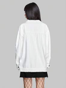 ROMWE PUNK Floral & Skeleton Graphic Ripped Drop Shoulder Denim Jacket - White - View 2