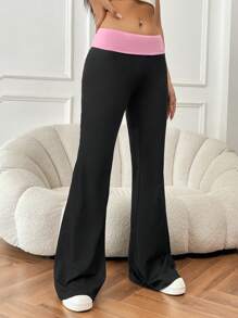 SHEIN EZwear Two Tone Flare Leg Pants - Pink - View 3