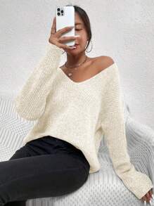 SHEIN LUNE V Neck Drop Shoulder Ribbed Knit Sweater,Long Sleeve Tops Knit Pullover Fall Winter Sweater - Beige - View 3