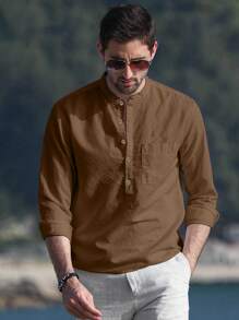 NITAGUT Áo sơ mi nam tay dài đơn giản thoáng khí thường ngày - Màu nâu  Mocha - Xem 4