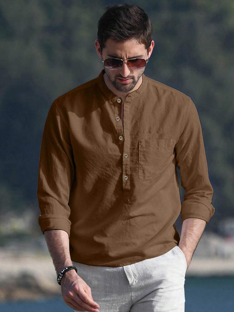 NITAGUT Men's Casual Simple Breathable Long Sleeve Shirt - Mocha Brown - View 4