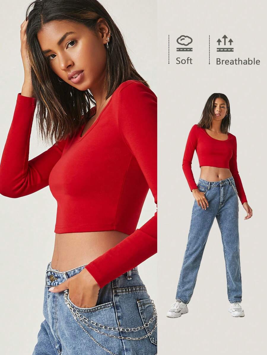 SHEIN BASICS Camiseta Corta Ajustada Sólida - Rojo - Ver 1