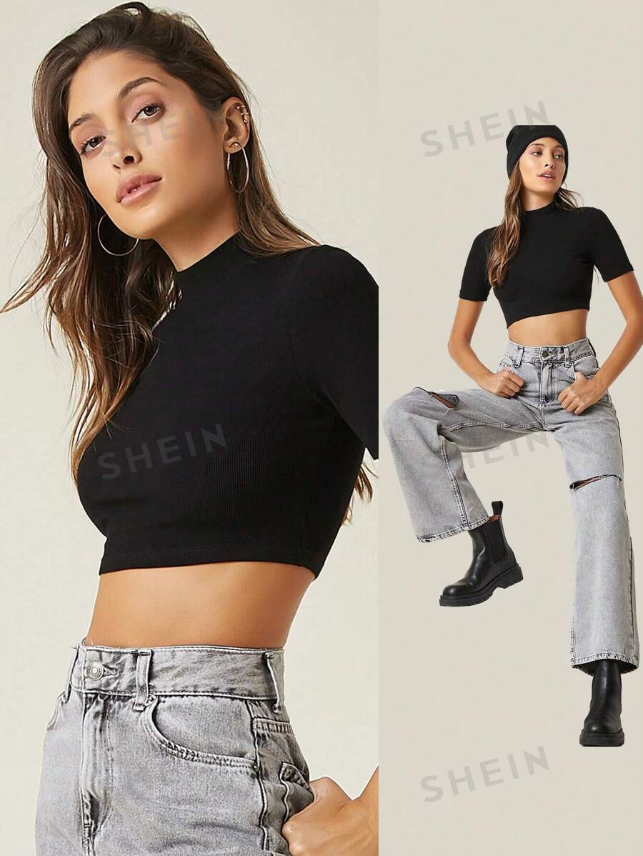 SHEIN BASICS Top corto tejido de canalé de cuello alto - Negro - Ver 1