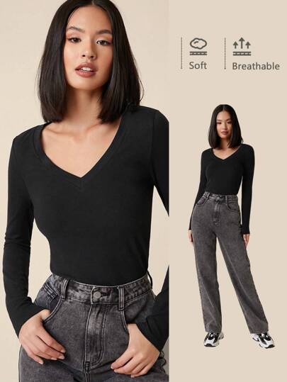 SHEIN BASICS Women V-Neck Long Sleeve Fitted Casual T-Shirt, Solid Color