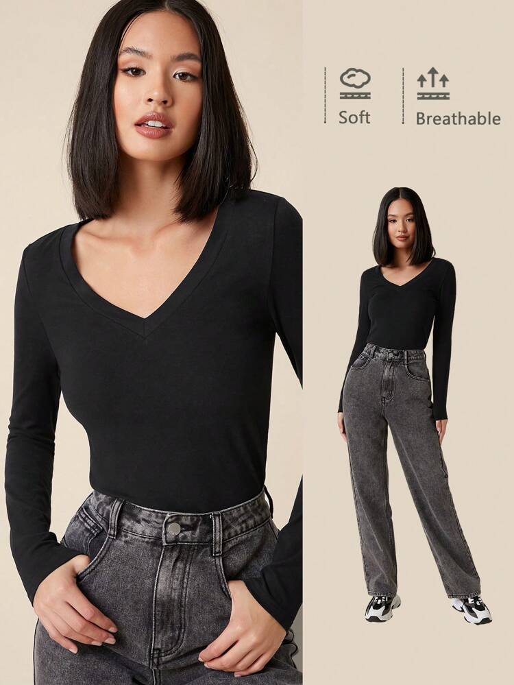 Women V-Neck Long Sleeve Fitted Casual T-Shirt, Solid Color