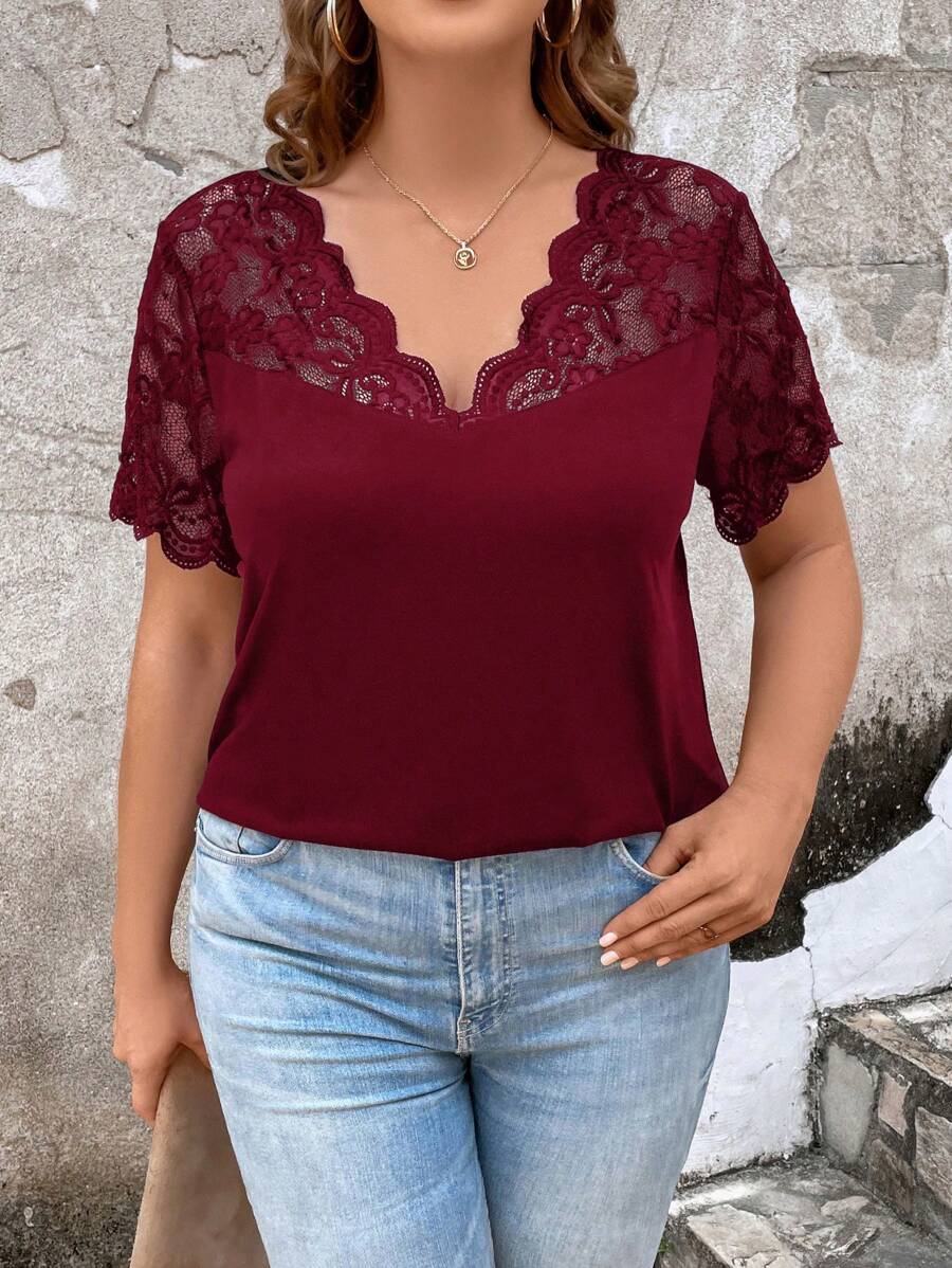 SHEIN Clasi Plus Contrast Lace Scallop Trim Tee - Burgundy - View 1