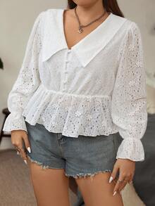 SHEIN Qutie Plus Eyelet Embroidery Flare Sleeve Peplum Blouse - Apricot - View 6