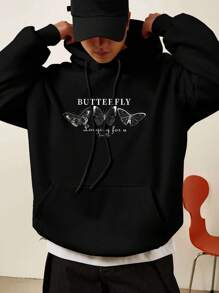 Manfinity Homme Men Plus Butterfly & Slogan Graphic Kangaroo Pocket Drawstring Hoodie - Black - View 3