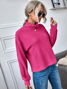 SHEIN LUNE 落肩袖條紋針織T恤 - 玫紅色 - 查看 4