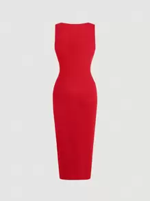 SHEIN MOD 素色側收褶高衩洋裝 - 紅色 - 查看 3