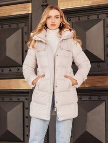 拉链扣带腰带连帽夹棉大衣 - 米色 - 查看 3