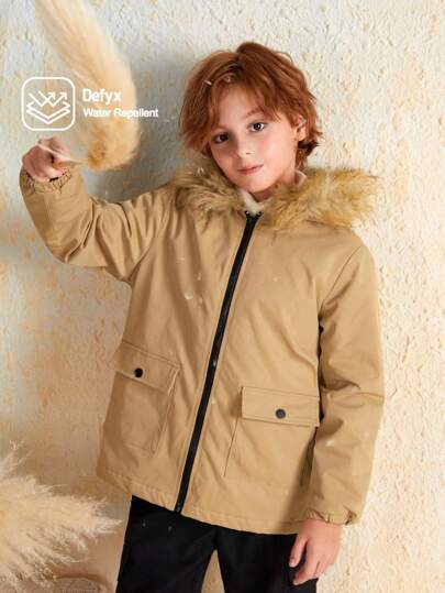 SHEIN 男大童1入組拉鏈開襟翻蓋口袋毛茸邊連帽外套