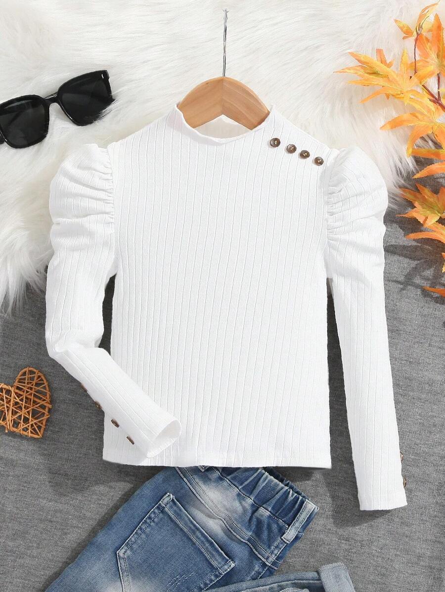 SHEIN Young Girl Mock Neck Gigot Sleeve Button Detail Tee