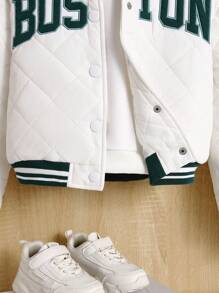 SHEIN Tween Girl Letter Patched Striped Trim Quilted Varsity Jacket - White - View 5