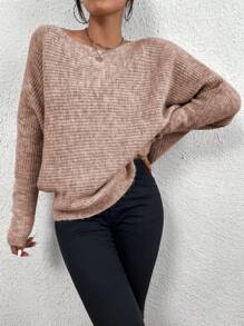 Elenzga 不对称领蝙蝠袖针织套头衫秋冬毛衣 - 珊瑚粉 - 查看 5