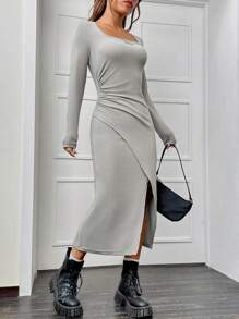 SHEIN EZwear Square Neck Wrap Hem Bodycon Dress - Grey - View 1
