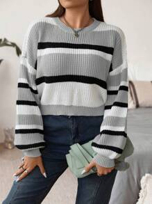 Flirla Áo len hở vai họa tiết sọc, cho mùa đông - Xám - Xem 3