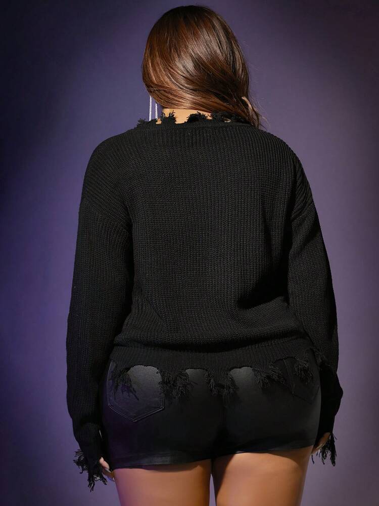 Plus Drop Shoulder Distressed Trim Sweater