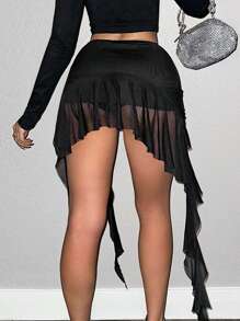 Sweetina Spring Ruched Ruffle Trim Ruffle Hem Mesh Black Skirt