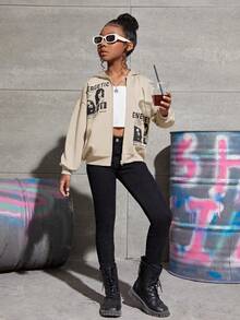 SHEIN Áo nỉ cổ trễ tay có khóa kéo, in hình nhân vật và chữ cái, dành cho bé gái tuổi teen. - Màu be - Xem 5