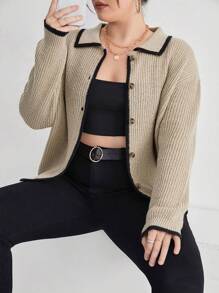 SHEIN Essnce Plus Contrast Trim Button Front Cardigan In Fall/Winter