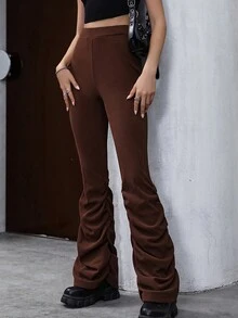 SHEIN Unity 素色彈性腰帶側收褶喇叭褲 - 棕色 - 查看 4