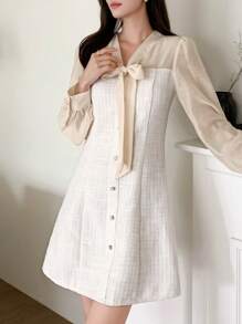 DAZY Tie Neck Button Front Puff Sleeve Dress,Fall Dress - Apricot - View 6