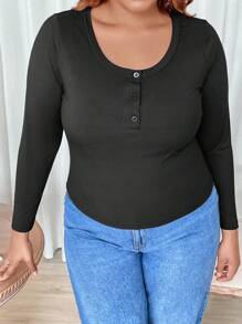 SHEIN CURVE+ Plus Button Front Ribbed Knit Tee - Black - View 3