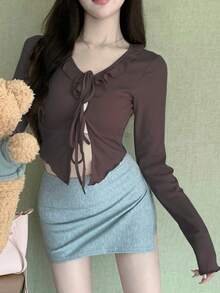 DAZY Solid Tie Front Ruffle Trim Crop Tee - Brown - View 5