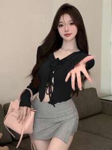 DAZY Áo croptop tay dài màu trơn thắt nơ phía trước, thích hợp mặc đi chơi. - màu đen - Xem 4