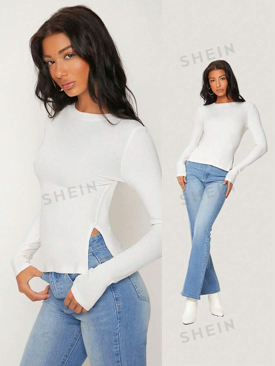 SHEIN BASICS Camiseta delgada unicolor tejido de canalé