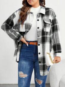 SHEIN LUNE Plus Plaid Print Drop Shoulder Flap Pocket Coat Fall Winter Cloth For Women Autumn - Black - View 3