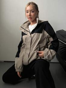 DAZY Two Tone Zip Up Hooded Coat - Khaki - View 4