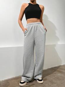 Flirla Solid Slant Pocket Wide Leg Sweatpants - Grey - View 5