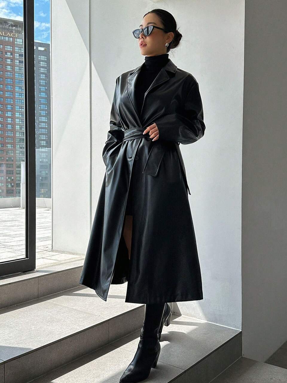 Women's Loose Solid Color PU Long Jacket With Belt, Casual Street Style Windbreaker, Autumn/Winter Women Coats