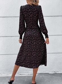 SHEIN Clasi In hoa Ditsy Tách đùi Đầm - màu đen - Xem 2