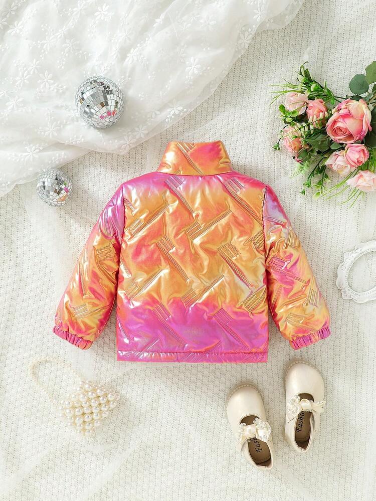 Baby Girl Holographic Zip Up Snap Button Metallic Padded Coat