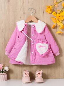 SHEIN Baby Girl Contrast Collar Coat & Bag - Hot Pink - View 3