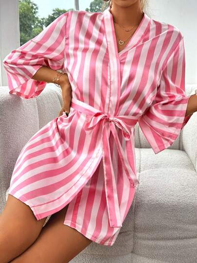 条纹印花缎面系带睡袍，奢华休闲服饰，秋冬款