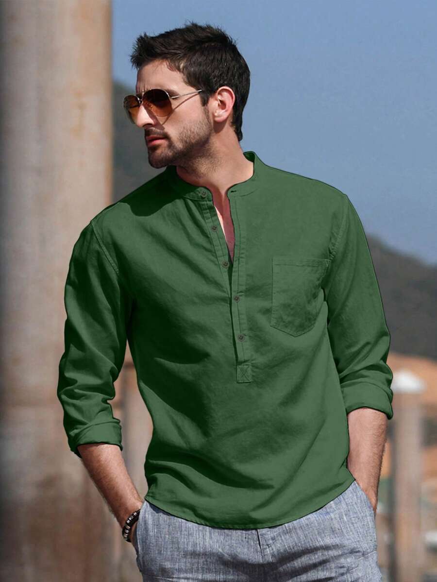 NITAGUT Men's Casual Simple Breathable Long Sleeve Shirt - Green - View 1