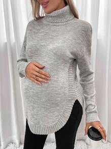 SHEIN Maternity Turtleneck Curved Hem Drop Shoulder Sweater With Long Sleeve, For Winter - Light Grey - View 4