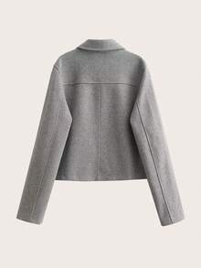 Flap Pocket Raglan Sleeve Button Front Overcoat,Ladies Late Fall Casual Button Regular Sleeve Collar Regular Fit Grey Plain Women Overcoats,Casual Daily Wear - Grey - View 2